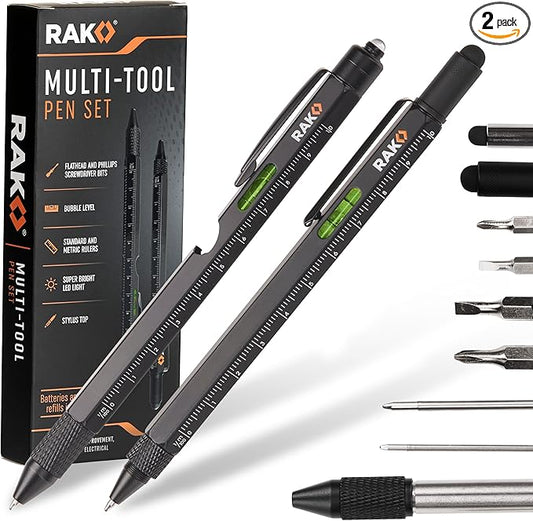 RAK Multitool Pen - Multi-Tool Pens, LED Light, Flathead, Phillips Screwdrivers, Level, Ruler, Bottle Opener, and Stylus. Cool Gadgets Gifts for Men, Dad, EDC Pen Tool, Gift-Ready Box, Pack of 2