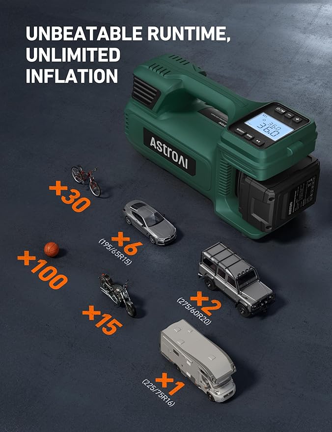 AstroAI TC4 Portable Air Compressor Tire Inflator, 470W 18 V Cordless Air Pump for Truck Tires with 4000mAh Battery, 150PSI Heavy Duty Air Compressor with Digital Display for Car, RVs, SUV Green