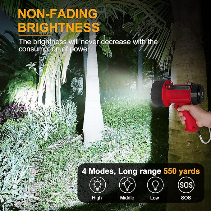 YIERBLUE Rechargeable Spotlight Flashlight with Super High High Lumen LED, IP67 Waterproof Long Running Spot Light searchlight, Impact Resistant Handheld Spotlight with Foldable Stand and Red Lens