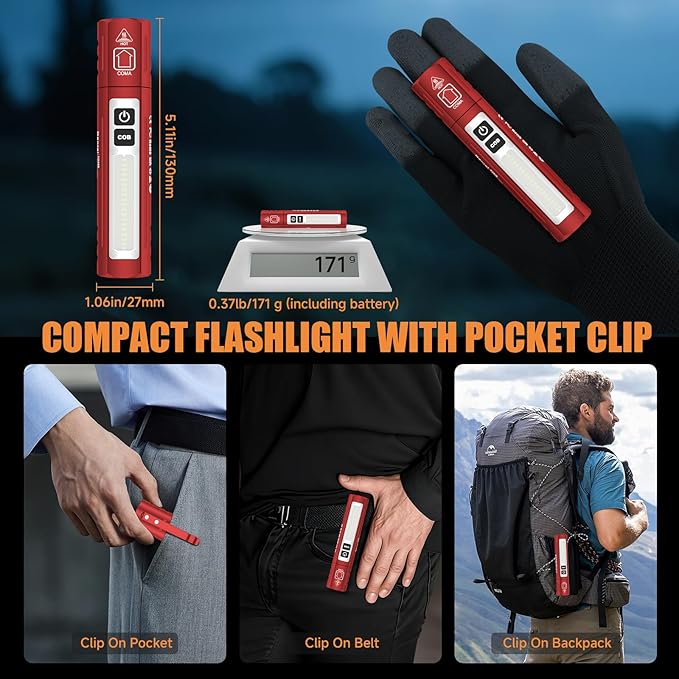 Rechargeable Tactical Flashlights High Lumens - Super Bright Small Powerful LED Magnetic USB C Flashlight, 8 Modes, Dual Button Waterproof Pocket Flash Light for Emergency, Car (1, Red)