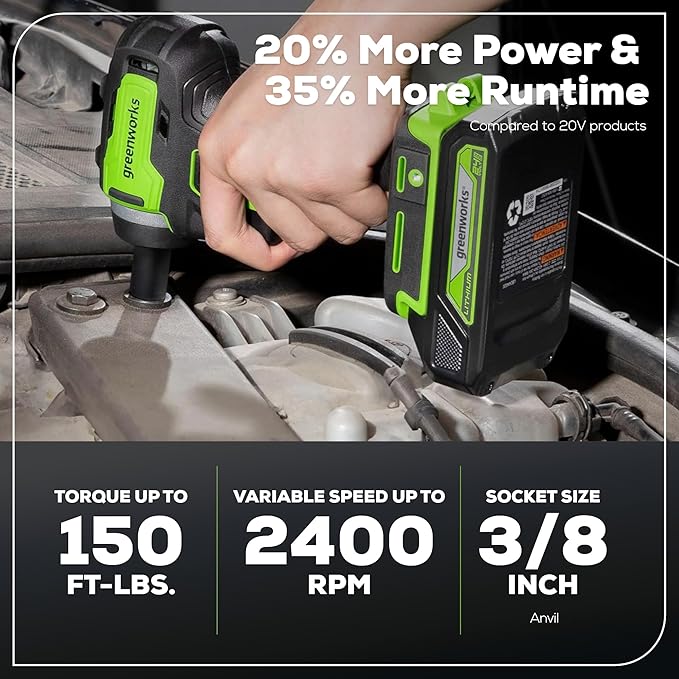 Greenworks 24V Brushless 2 pcs Cordless Power Tool Combo Kit, 3/8" 150 ft.-lbs Impact Wrench with 310 in./lbs Drill/Driver, 2 2.0Ah Battery and Charger