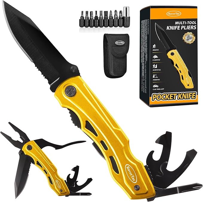 RoverTac Multitool Knife – 15-in-1 Pocket Knife with Pliers, Wire Cutter and Screwdrivers – Perfect Gifts for Men, Dad, Husband – Durable Camping Gear for Christmas, Father’s Day, and Birthdays