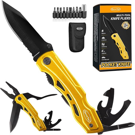 RoverTac Multitool Knife – 15-in-1 Pocket Knife with Pliers, Wire Cutter and Screwdrivers – Perfect Gifts for Men, Dad, Husband – Durable Camping Gear for Christmas, Father’s Day, and Birthdays