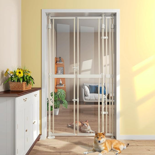 74-98" Extra Tall Cat Gate,Fits 33.85-42" Wide Opening,No Drilling Pressure Mount Design,Innovation Transparent Double Opening Pet Gate,Double Doors for Doorways/Stairs/Kitchen/Home, White
