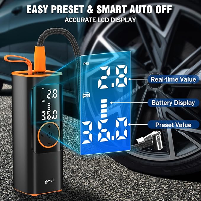 Tire Inflator Portable Air Compressor, 4X Faster Portable Air Compressor with Digital Pressure Gauge, LED Light and Auto Shut-Off, 150PSI Cordless Air Pump for Auto, Motorcycle, Bicycle, Ball