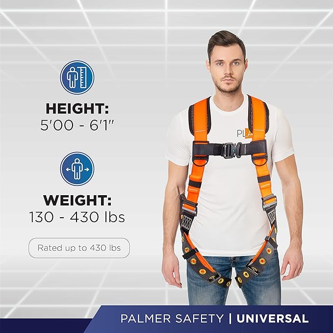 Palmer Safety Full Body Harness with 5 Point Adjustment, Dorsal D-ring, Grommet Legs, Two Side D Rings, and Fall Indicators