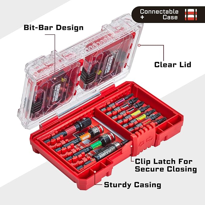 52Pcs Impact Screwdriver Bits Set, Magnetic S2 Steel 1”/2” Phillips/Square/Torx/Slotted/Hex Bits Tips,Impact Bit Holder and Nut Driver and Socket Adapter Set with Red Storage Box Case