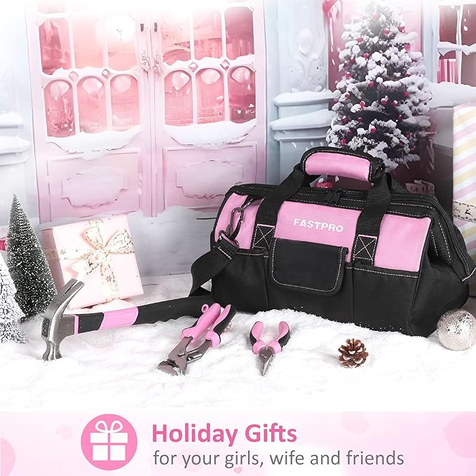 FASTPRO 267-Piece Pink Tool Set, Home Repairing Tool Kit with 13-Inch Wide Mouth Open Tool Bag, Mechanics Hand Tool Kit for DIY, Home Maintenance