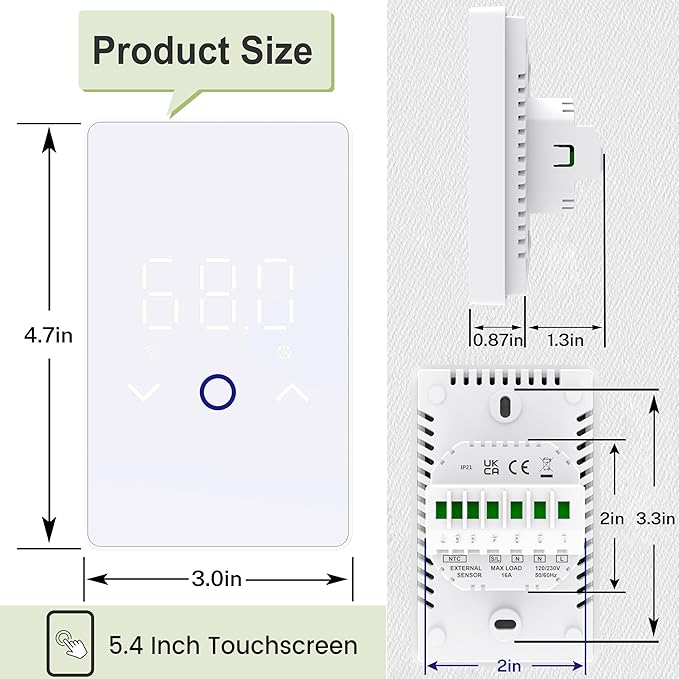 MAXKOSKO 4Pcs WiFi Smart Thermostat for Electric Floor Warming System with Touchscreen LED Display 120V/240V, Easy Connection & Energy Saving Home Programmable White Thermostat