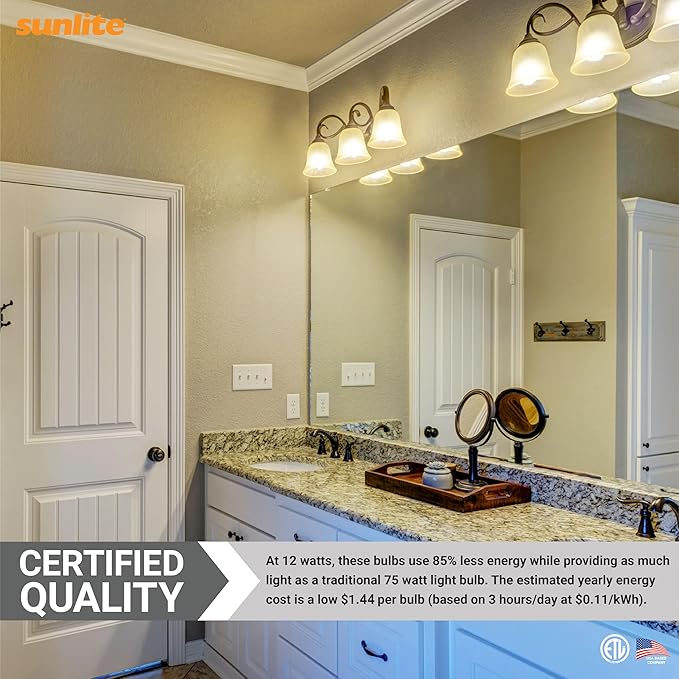 Sunlite 80862-SU LED A19 Light Bulb, Non-Dimmable 12 Watt (75W Equivalent), 1100 Lumens, Medium (E26) Base, ETL Listed, 4000K Cool White, 3 Count