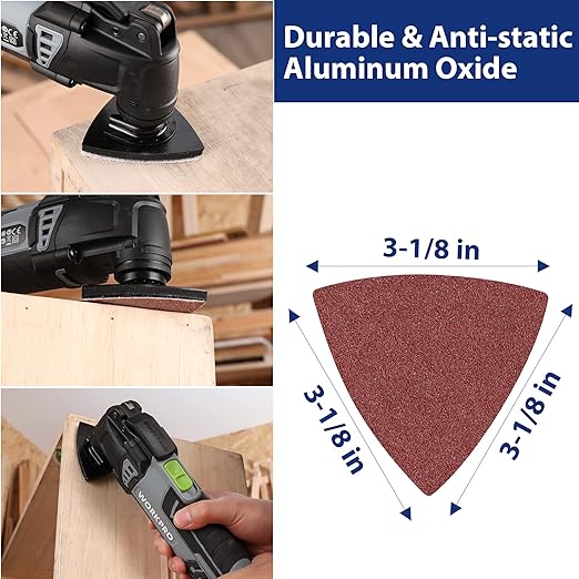 WORKPRO 150PCS Triangle Sanding Pads, 3-1/8 Inch Hook and Loop Fit for Oscillating Multi Tool, 40/60/80/120/180/240 Grit for Sanding, Grinding