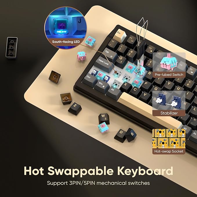 RedThunder K95 Wireless Mechanical Keyboard, TFT Screen & Knob, Tri-Mode BT5.0/2.4GHz/USB-C Hot Swappable Custom, Pre-lubed Linear Pink Switches, Gasket Structure, RGB Gaming Keyboard, Black-Gold