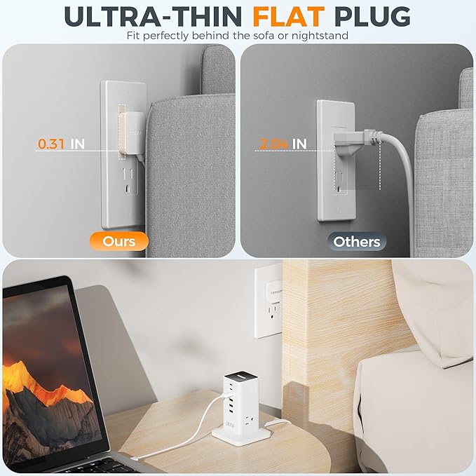 Charging Station 30W, TESSAN 9-in-1 Charger Blocks for iPhone 16/15/14/13, Tablets, Earphone with Surge Protector, 5ft Flat Extension Cord with 4 USB A, and 2 USB C for Home, Office, Drom, White