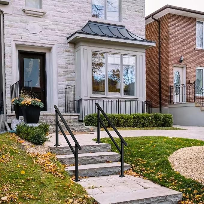Wrought Iron Handrails for Outdoor Steps - Exterior Hand Rails for Concrete Steps Outside Metal Stair Railing Porch 4 Step