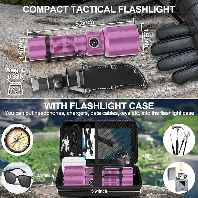 Flashlights High Lumens Rechargeable, Super Bright Long Range Small Powerful Flashlight, 6 Modes LED Tactical Pocket Waterproof Flash Light for Home Emergency (2, Purple)