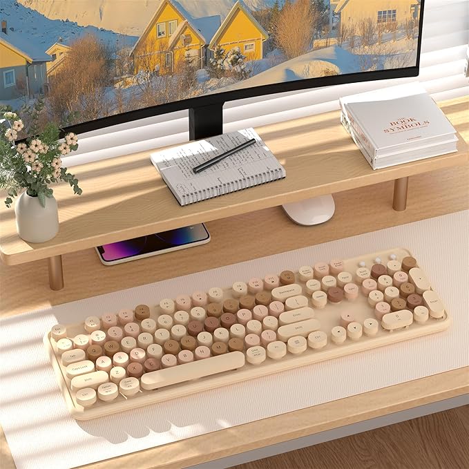 Colorful Wireless Bluetooth Keyboard, 2.4G & Dual Bluetooth Multi-Device, Typewriter Retro Round Keycaps 104 Keys Full-Size for PC Laptop Tablet Phone (Milk-Tea Colorful)