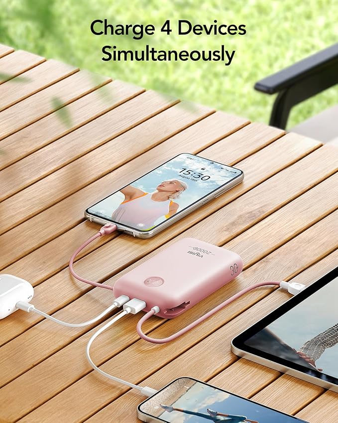 Power Bank 20000mAh 30W Fast Charging Portable Charger with Built-in Cables & LED Display, USB C Battery Pack for iPhone 16/15/14, Samsung, iPad and Android Phones, Ideal for Travel -Light Pink