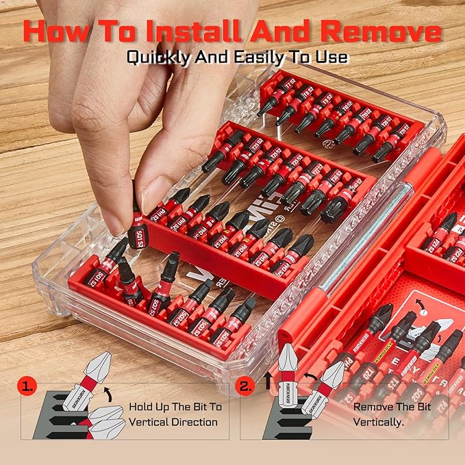 49Pieces Impact Screwdriver Bits Set, Magnetic S2 Steel Phillips/Slotted/Square/Torx Insert Power Bits Tips, Impact Bit Holder with Red Storage Box Case