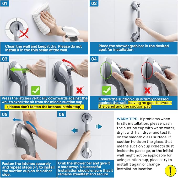 LEVERLOC Shower Grab Bars 2 Pack, Suction Grab Bar Easy to Install Shower Handle for Bathroom Removable Handrails for Seniors Elderly Heavy Duty Safety Grip Waterproof Drill Free, Silver