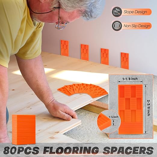 Saker Laminate Flooring Tools, 107-Piece Wood Flooring Installation Kit with 100 Flooring Spacers,Tapping Block with Handle, Pull Bar,10”Contour Gauge,Rubber Mallet,Tape Measure,Protective Knee Pads