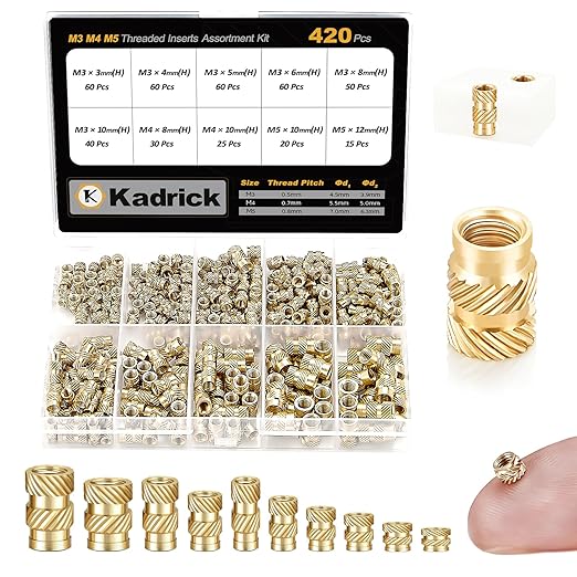Kadrick 420Pcs M3 M4 M5 Threaded Inserts Assortment Kit for 3D Printing Components, Metric Brass Knurled Nuts, Insert by Heat into Plastic Parts