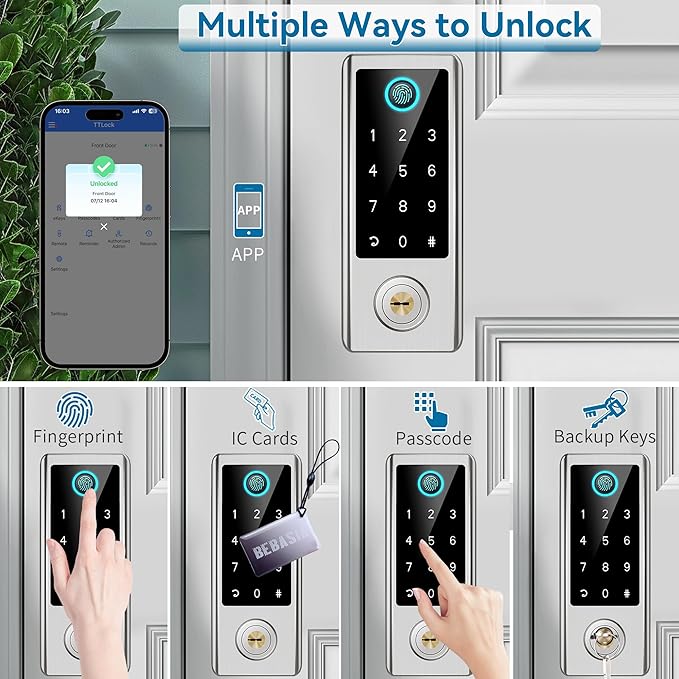 BEBASIA Smart Fingerprint Door Lock with Handle Set, Full App Control, Electronic Digital Touchscreen Keypad, Deadbolt Smart Locks for Front Door, Auto Lock, Satin Nickel