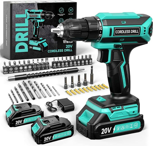 Cordless Drill, 20V MAX Power Drill Set with Dual Power Pack & Charger, 3/8 Inch Keyless Chuck, Variable Speed, 25+1 Position and 56PCS Bits/Screws, Power Tools for Home Projects