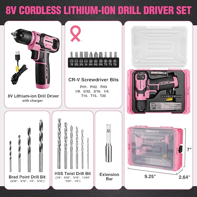 WORKPRO Pink Power Drill Set and Stackable Tool Box, 8V Cordless Drill Driver with Bit Set, 2.0Ah Electric Cordless Screwdriver Kit with 3/8" Keyless Chuck, For Home DIY- Pink Ribbon