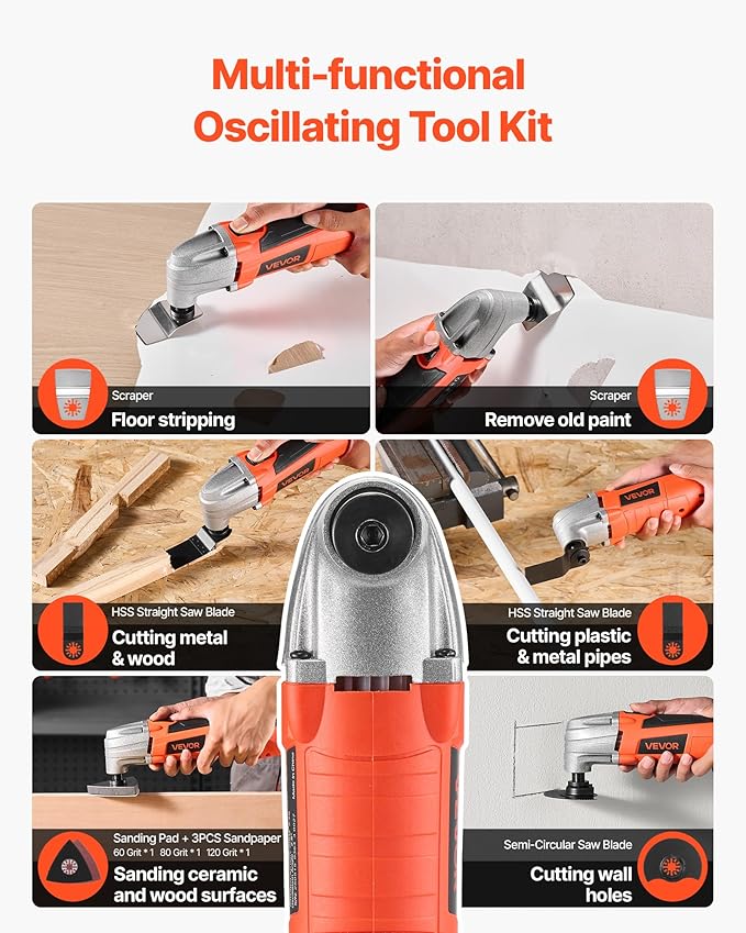 VEVOR Oscillating Tool Multitool, 2.2Amps 22,000 OPM Electric Oscillating Multi Tool Kit Corded with 2.8° Oscillating Angle, 7PCS Saw Accessories for Cutting, Scraping, Sanding, Floor Stripping