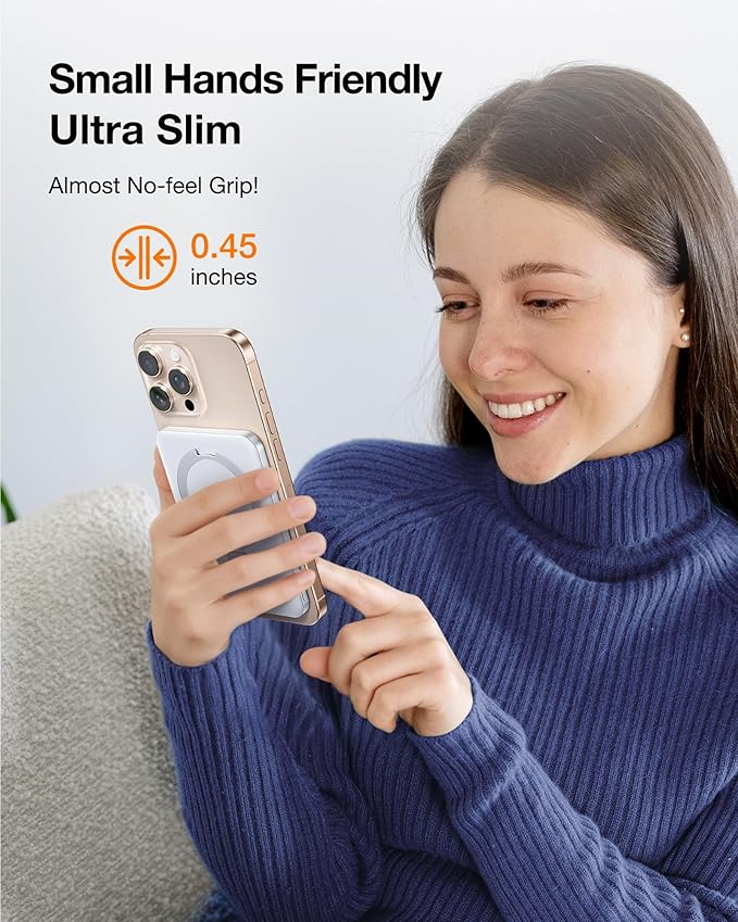 TORRAS 0.45" Slim Magnetic Portable Charger Power Bank for iPhone 5000 mAh 22.5W PD Fast Charging Wireless Battery Pack O Stand Compatible with Magsafe, i Phone 16 Pro Max, Pro,15,14,13,12, White