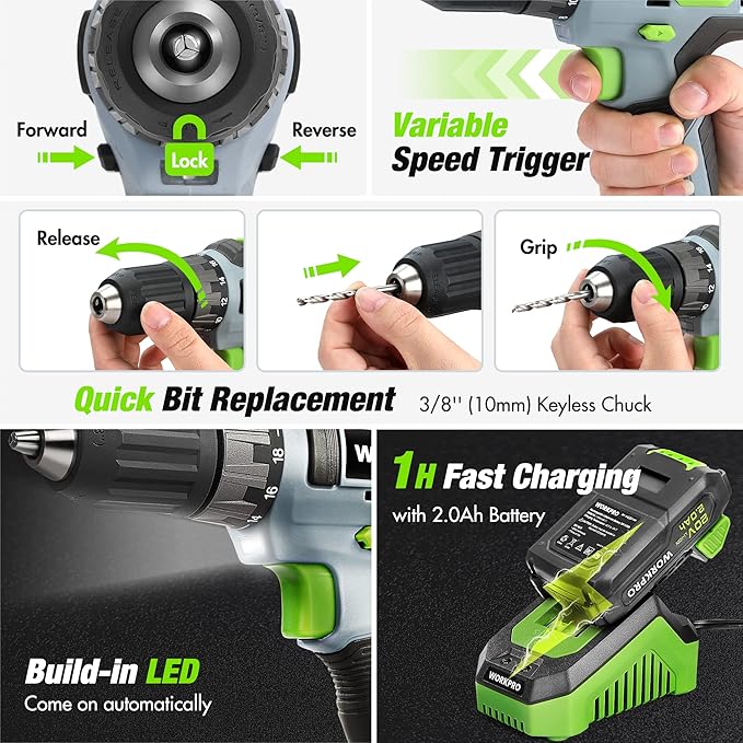 WORKPRO Home Tool Set With 20V Cordless Lithium-ion Drill Driver, 157PCS All-Purpose Kit, Power Drill Combo With Tool Bag