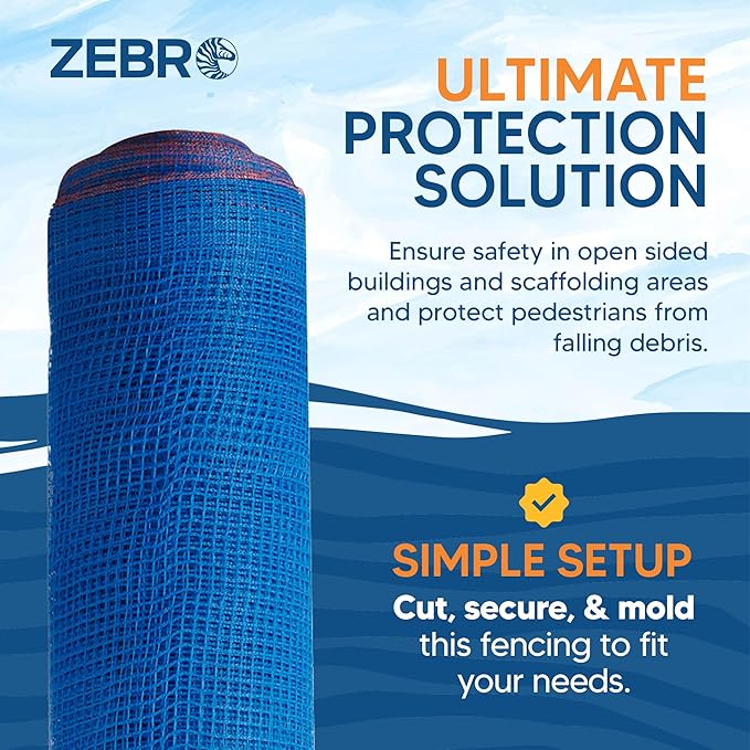 Fire Retardant Debris Safety Netting (8.6' x 150' - Blue) - High Visibility Construction & Scaffolding & Railing & Elevator Netting for Enhanced Safety - Construction Fencing