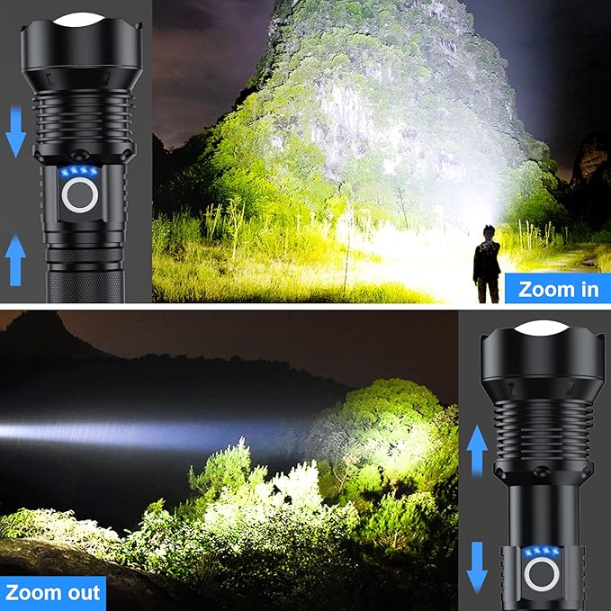 Rechargeable Flashlights 90000 High Lumens - 2 Pack, Super Bright 12 Hours Long Life LED Flashlight with 5 Modes, High Powered Flash Light for Home, Outdoor (Black)