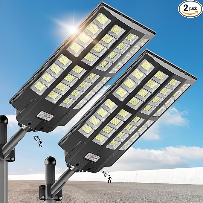 8000W Solar Street Lights Outdoor - Wide Angle Solar Lights Outdoor Motion Sensor, Parking Lot Light Dusk to Dawn,7000K LED Street Light for Commercial,Yard(2 Pack)