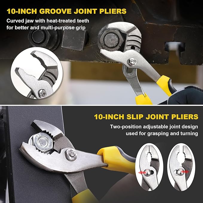 TOPLINE 6-Piece Pliers and Wrench Set, 8” Adjustable Wrench, 10” Groove Joint, 10” Slip Joint, 8” Linesman, 8” Long Nose, 6” Diagonal Pliers for Home Repair and Daily Use