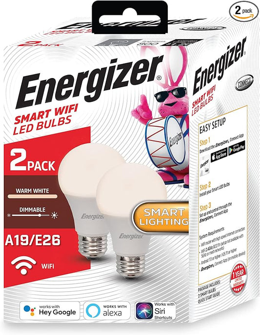 Energizer Smart Wi-Fi LED Light Bulb, Warm White, 60W, 800 Lumens, Compatible with Alexa, Google Assistant and Siri, Control from Anywhere with App, Custom Schedules, 2-Pack