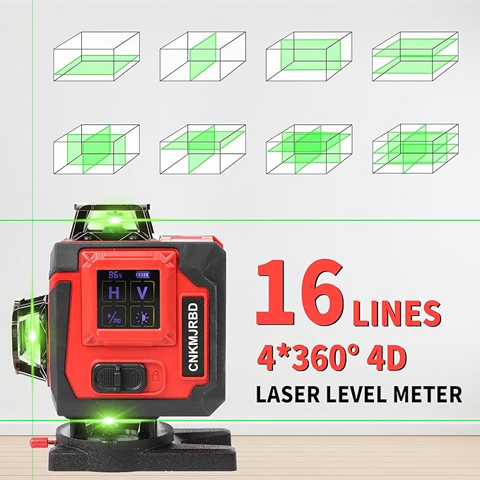 Laser Level 16-Line 4x360°4D Green Cross, with 2 Batteries, Remote Control, Aluminum Base and 40” Tripod, IP-54 Waterproof, Pulse Mode for Outdoor Use for Home Renovation and Construction