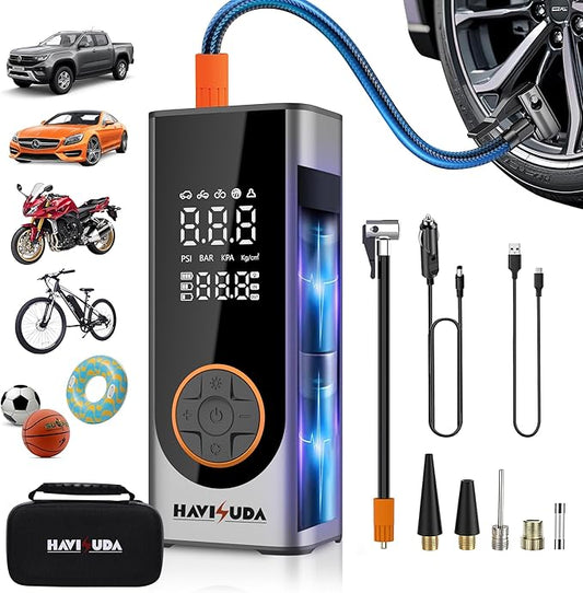Tire Inflator Portable Air Compressor -150 PSI Cordless Air Pump for Car, Bike, Motorcycle, Truck tires,balls,rechargeable.5X Faster, LED Light, Auto Shut-off,tire pressure gauge with carrying case