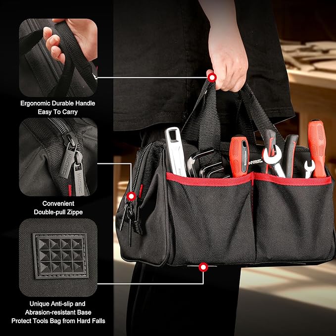 HAUTMEC 12 Inch Tool Bag, 1680D Oxford Fabric Wide Mouth Tool Organizer with Double Zipper, Compact Utility Tote with Non-Slip Base & Multiple Pockets, Small Tool Storage – HT0286