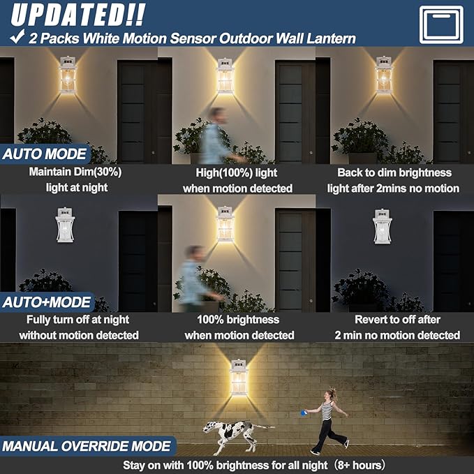 2 Packs White Motion Sensor Outdoor Lights - Advanced Dusk to Dawn Outdoor Lighting, Waterproof Exterior Light Wall Mount Fixtures, Anti-Rust Porch Outside Lights Wall Sconce for House, Garage, Square