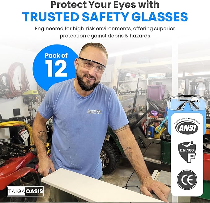 Safety Glasses, Full Coverage Lens, Built-in Brow Guard, UV Resistant, Anti-Fog, Anti-Scratches, Impact Resistant, Adjustable Side Frames, One Size Fits All, 12 Pack