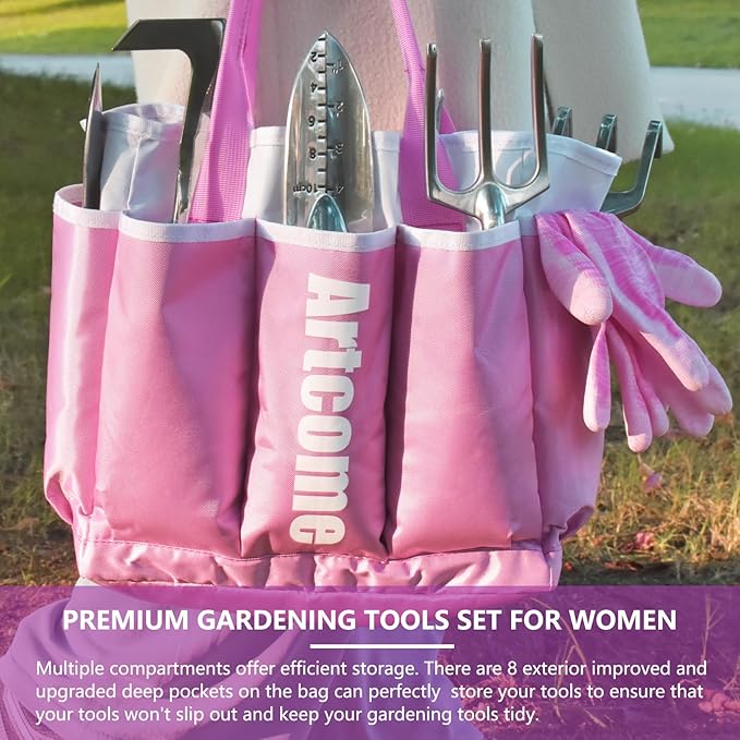Artcome 9 PCS Garden Tool Set - Complete Garden Tool Kit with 7 Heavy Duty Garden Tools, Bag & Gloves - Uniform Pink Set - Garden Tool Set with Soft & Comfortable Grip - Ideal Gift for Women