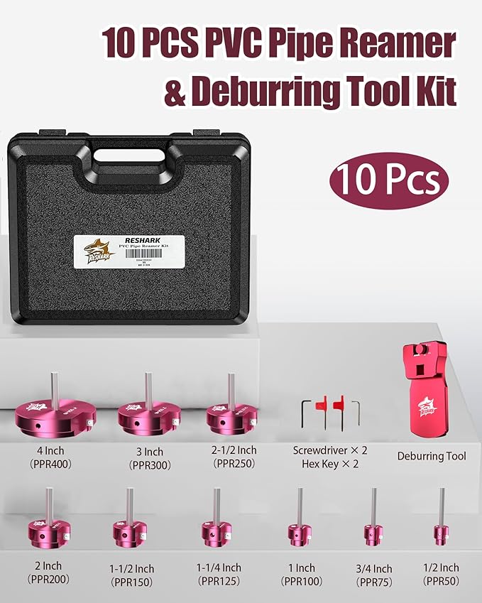 10 Pcs PVC Pipe Reamer Kit with 9 in 1 PVC Pipe Deburring Tool, Adjustable Chamfers, Plumbing Tools Compatible with 1/2 inch-4 inch for SCH40