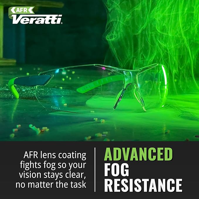 Veratti Toretto Safety Glasses, Anti-Fog Clear Lens, ANSI Z87.1 Certified, Gray/Green Frame, Affordable Eyewear