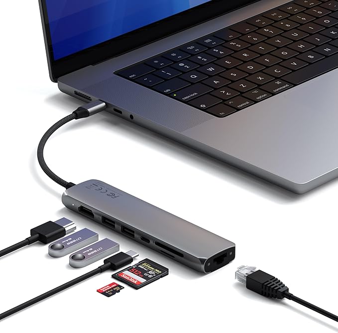 Satechi 7 in 1 USB C Hub Multiport Adapter with Ethernet, HDMI 4K@60Hz, 100W PD Charging, 2X USB-A Data Ports, Micro/SD Card Readers for MacBook Pro/Air M4–M1, iPad, iPhone, Windows - Space Gray