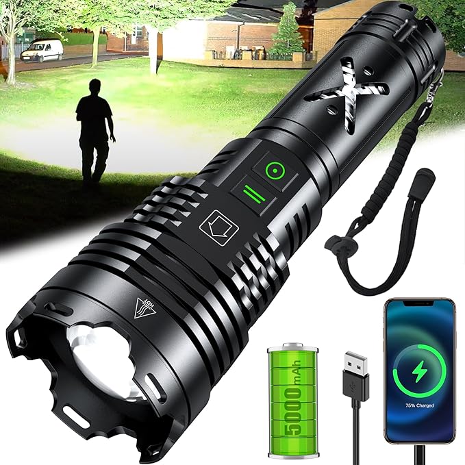 Rechargeable Led Flashlights 1520,000 High Lumens,Super Bright Flashlight True,Powerful Tactical Flashlight Up to 24H Long Battery Life Zoomable 6 Light Modes IP67 Water Resistant for Home Camping