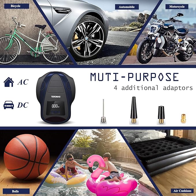 TEROMAS Tire Inflator Portable Air Compressor, Air Pump DC/AC for Car Tires 12V DC and Other Inflatables at Home 110V AC, Digital Electric Tire Pump with Pressure Gauge(Blue)