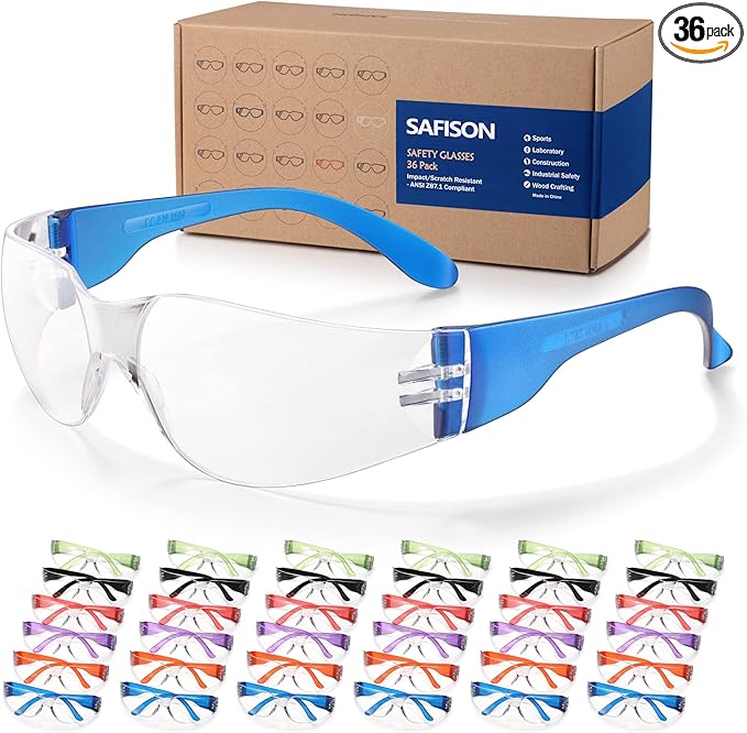 36 Pack Safety Glasses Bulk, ANSI Z87.1 Protective Eyewear, Scratch & Impact Resistant Protective Glasses with 6-Color Frames, Perfect for Construction, Nerf, Shooting and Lab