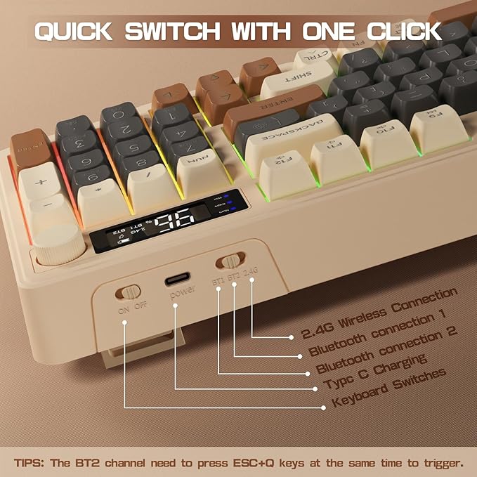 ZIYOU LANG M96 Wireless Gaming Silent Membrane Keyboard,Display Screen & Knob with Multimedia Keys Dual Mode Bluetooth/2.4Ghz,Rainbow Backlight 94Keys Ball Shape PBT Keycap ANSI Layout for Win/Mac