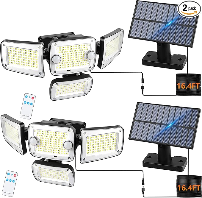 Solar Outdoor Lights, 3000LM 4 Heads LED Floodlights, Remote Control Solar Motion Dual Sensors Security Lights, IP65 Waterproof Wall Lights for House, Patio, Fence, Garden, Yard, Garage